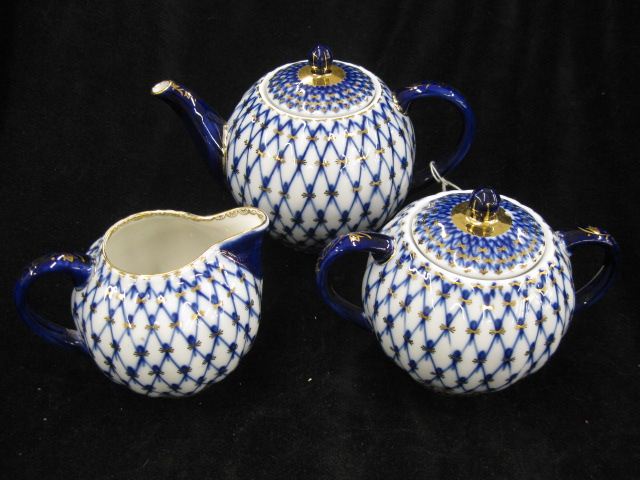 Russian Porcelain Tea Set cobalt lattice