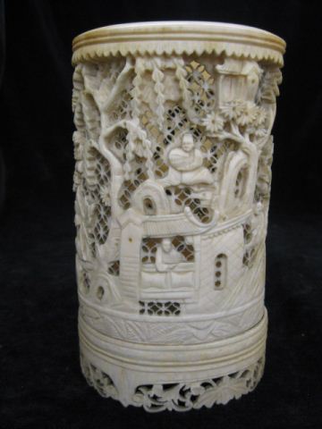 Carved Chinese Ivory Brushpot villagers