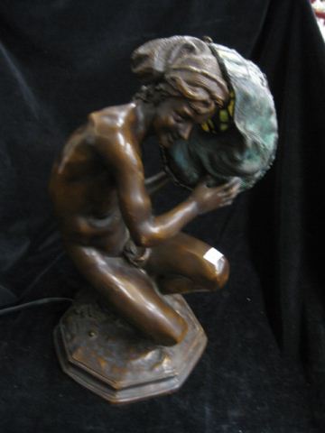 Bronze Figural Lamp with Leaded