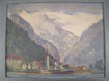 An oil on board alpine village