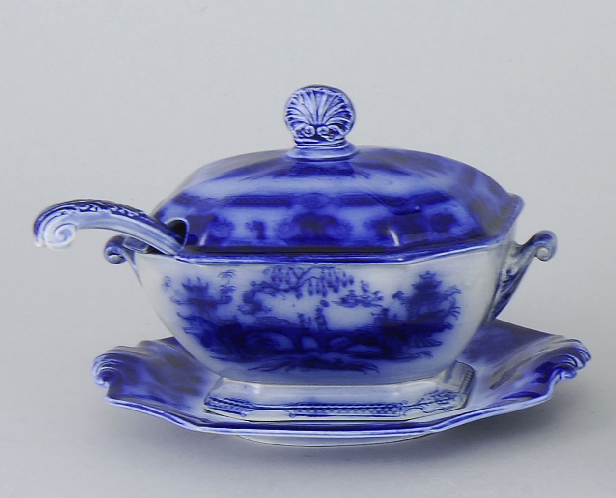 FLOW BLUE SAUCE TUREEN WITH LADLE AND