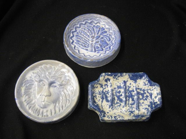 3 Blue & White Stoneware Soap Dishes