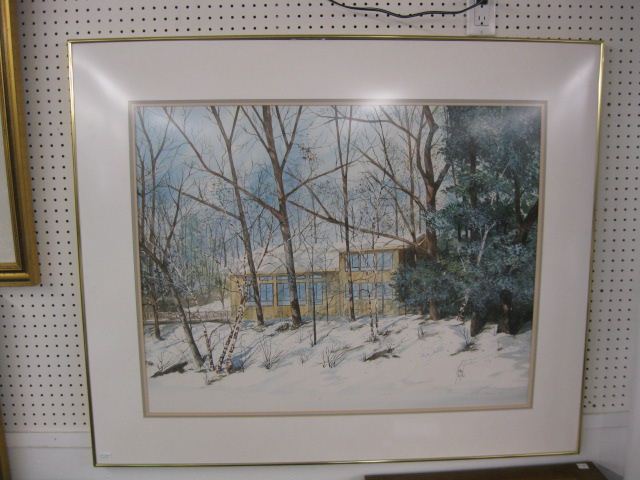 Watercolor house in winter signed &