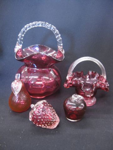 5 pcs. Cranberry Art Glass;2 vases with