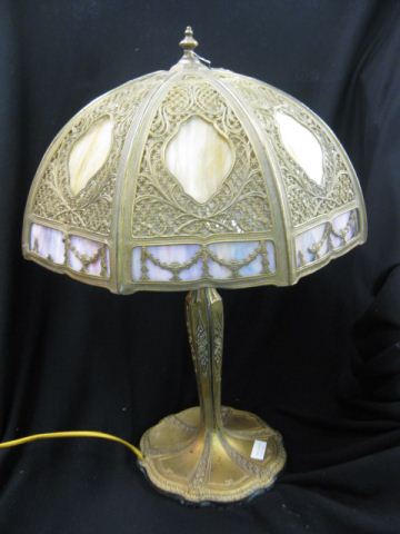 Slag Glass Lamp fancy filagree & garland
