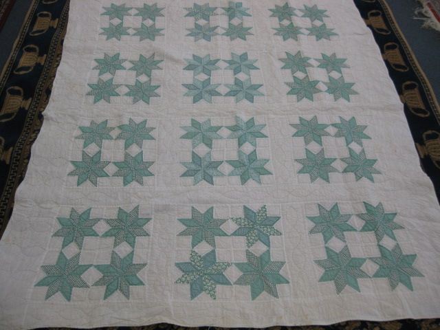 Handmade Antique Quilt green stars 14d46b