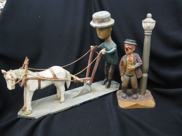 2 Wood Carvings Folk Art Farmerwith