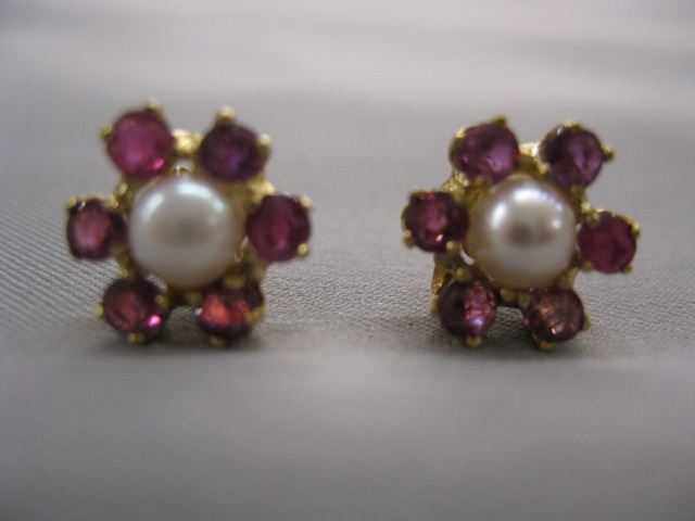 Ruby & Pearl Earrings 4 mm pearl surrounded