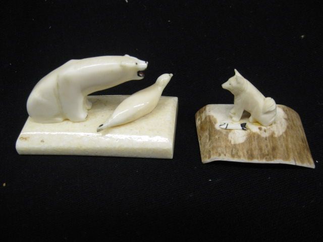 3 Eskimo Carvings Ivory with Polar Bearand