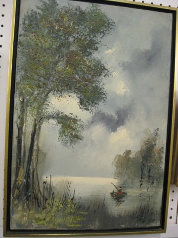 Oil on Canvas Fisherman on a Lake 14d662