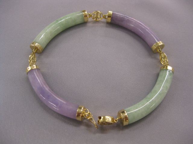 Green & Lavender Jade Bracelet 14k yellow