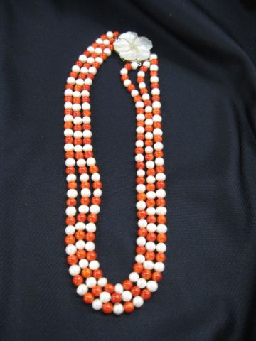 Coral Pearl Necklace triple strand 14d7b4