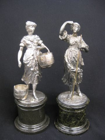 Pair of Silvered Bronze Statues of Peasantwomen