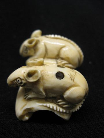 Carved Ivory Netsuke of Two Ratson bamboo