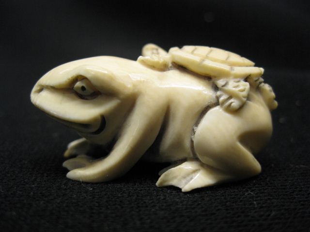 Carved Ivory Netsuke of a Frogwith turtle