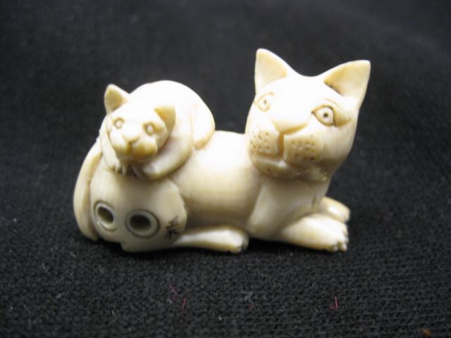 Carved Ivory Netsuke of Cat & Kitten