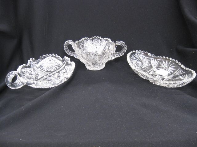 3 pcs. Cut Glass;handled nappy oval