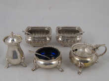 A silver three piece assembled condiment