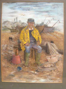 A pastel of a fisherman with his catch