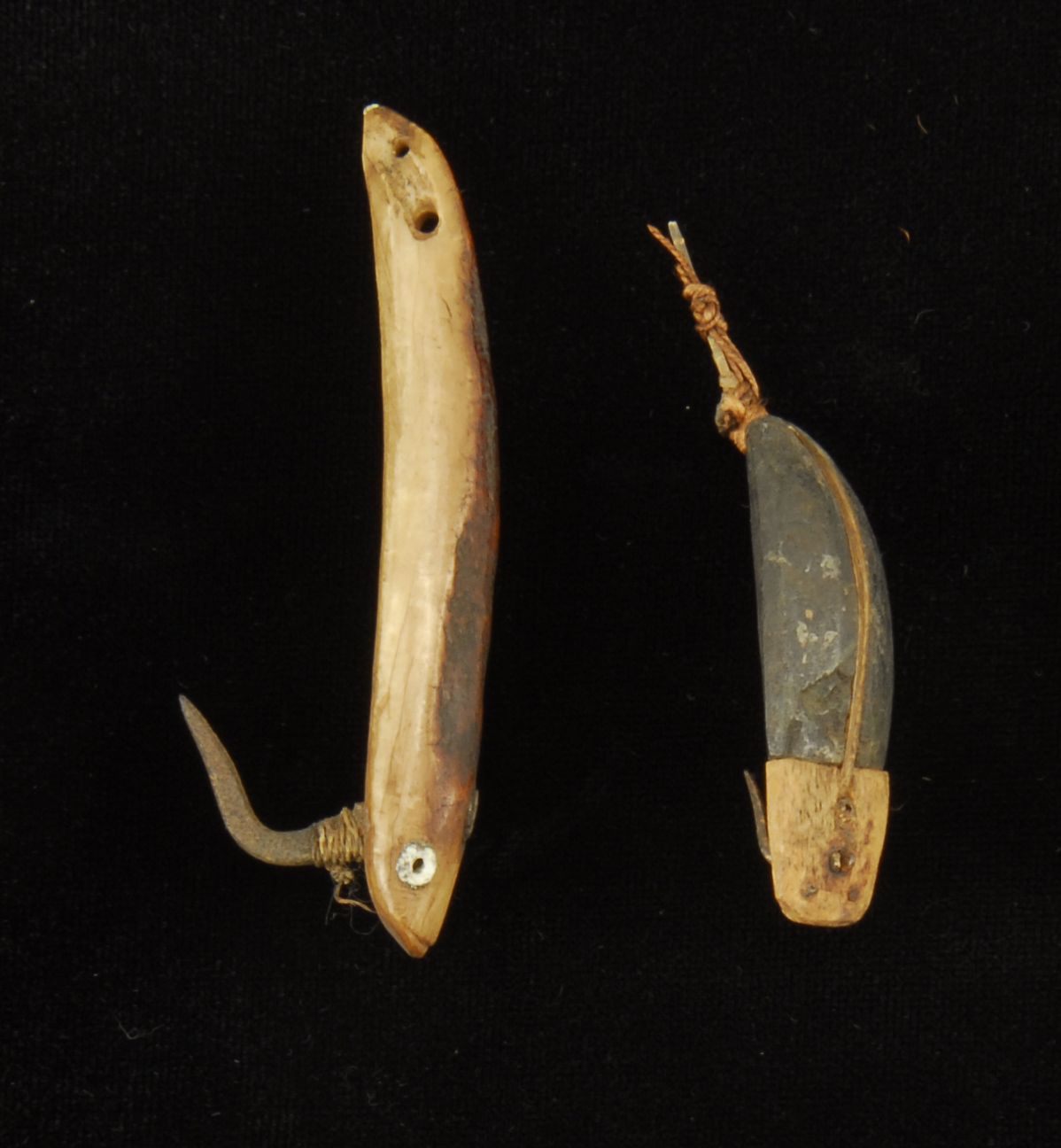 TWO INUIT BONE LURES WITH ORIGINAL