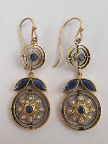 A pair of sapphire and pearl earrings
