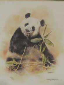 Two signed colour prints a panda