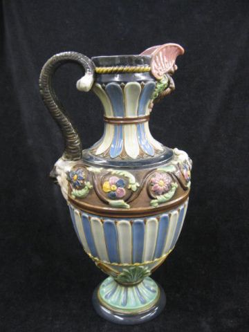 Majolica Pottery Pitcher figural spout