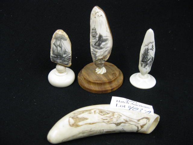 4 Ivory Scrimshaw Whale Teeth ship 14e265