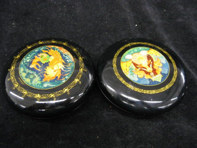 2 Russian Lacquerware Round Boxes 14e26c