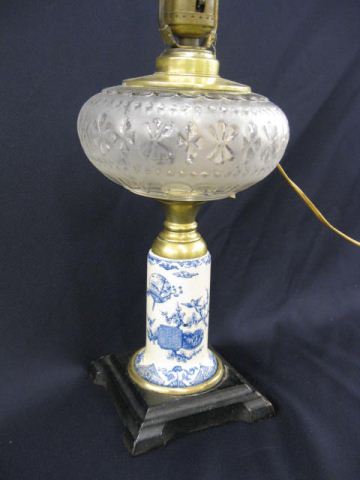 Victorian Oil Lamp blue transferware 14e2b2