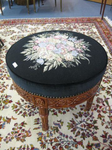 Carved Wood Base Upholstered Ottoman