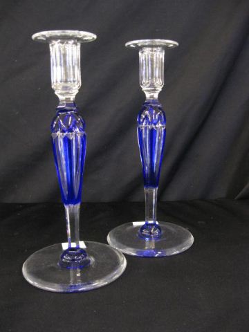 Pair of Cobalt Cut-to-Clear Candlesticks