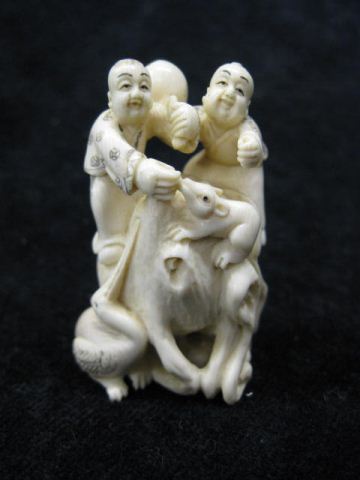 Carved Ivory Netsuke of Two Boys