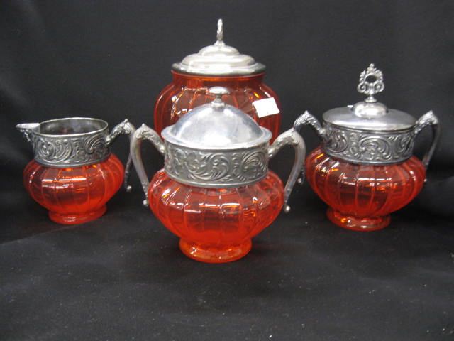 4 pcs. Victorian Red Art Glass with