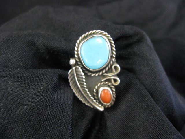 Turquoise Coral Indian Ring Navajo 14c453