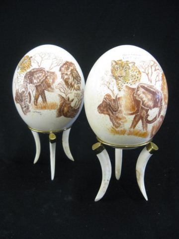 2 Etched & Painted Ostrich Eggs Africanwildlife