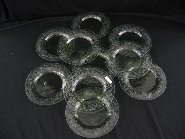 10 Steuben Art Glass Plates green etchedfloral