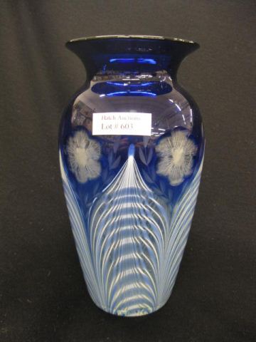 Durand Art Glass Vase blue pulled featherdecoration