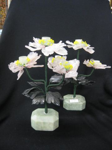 Pair of Carved Jade & Rose Quartzcandleholders