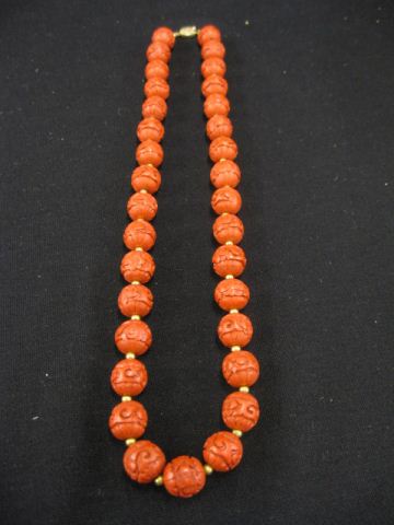 Carved Cinnabar Bead Necklace Chinese 14c602