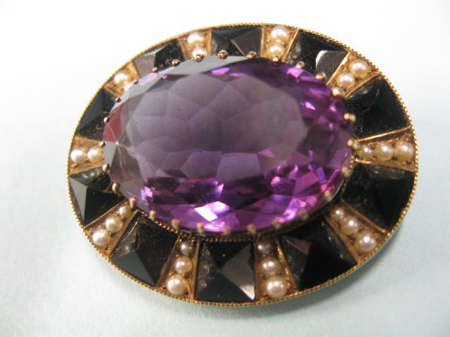 Amethyst Seed Pearl & Black Onyx Brooch