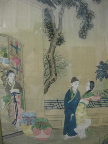 Chinese Painting on Silk couple in gardenwhile
