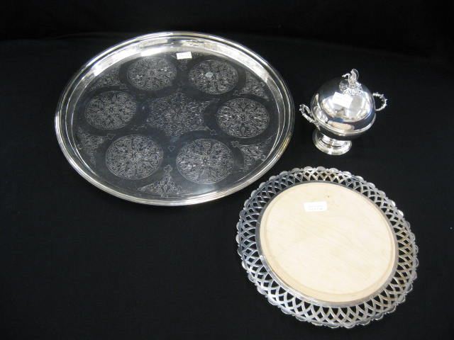 3 pcs. Silverplate;18'' round tray