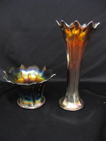 2 Carnival Glass Vases amethyst