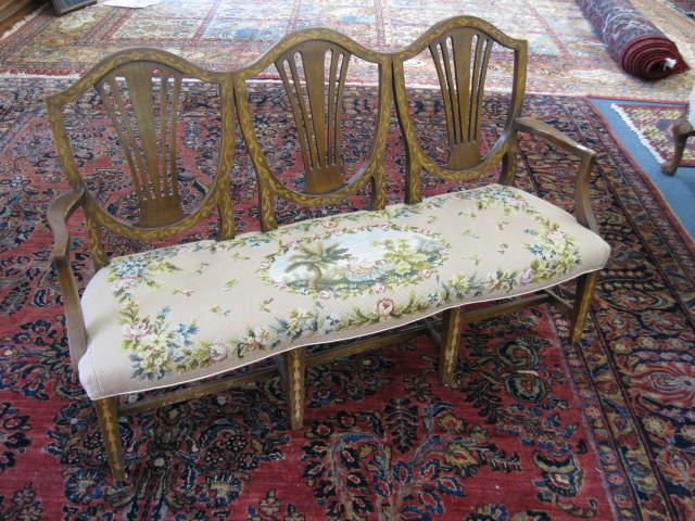 Early Childs Settee fine inlay needlepointseat