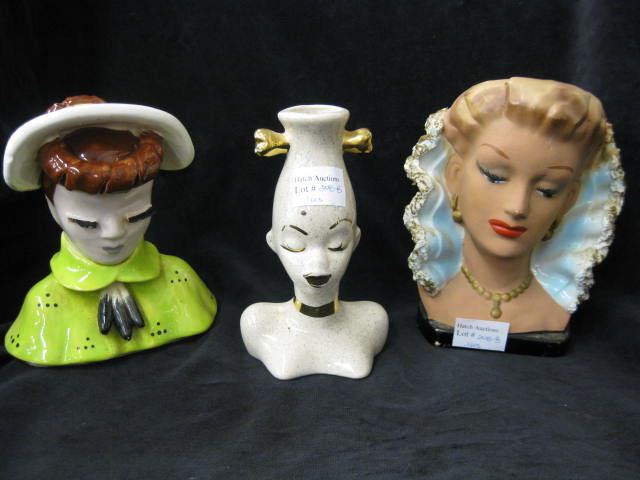 3 Pottery Head Vases tallest 6