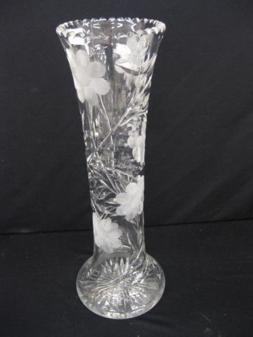 Cut Glass Vase floral 18 tall excellent.