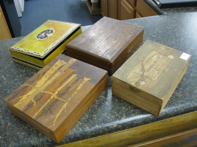 4 Antique Boxes inlaid wood tin