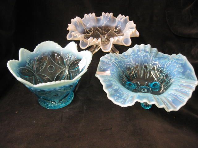 3 Opalescent Art Glass Bowls two blue