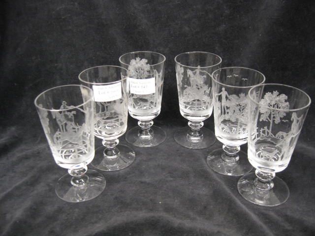 6 Heisey Glass ''Fox Chase'' Etched